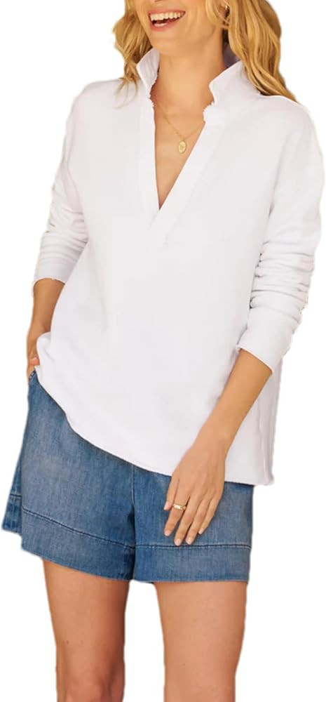 Zontroldy Women's Casual V Neck Pullover Sweatshirt Long Sleeve Solid Color/Stripe Polo Collared ... | Amazon (US)