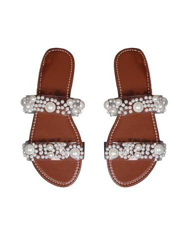 OYOANGLE Women's Pearl Decor Clear Double Strap Open Toe Slide Sandals Dressy Summer Slip on Flat Sandals Brown 6 | Amazon (US)