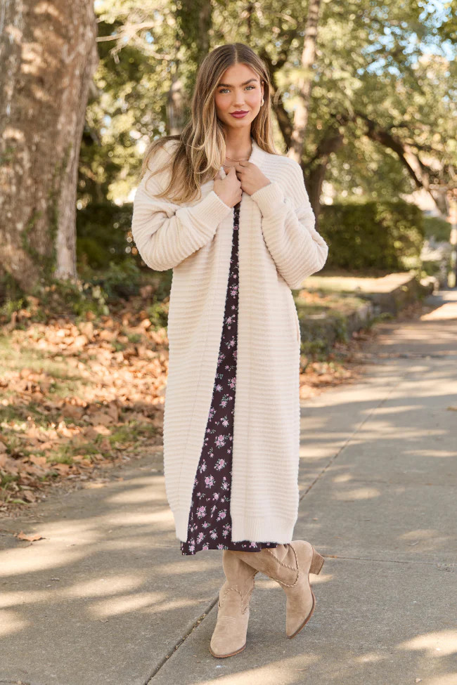 Abigail Cream Ribbed Maxi Duster | Pink Lily