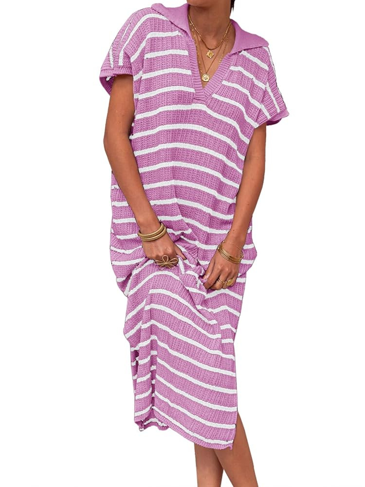 Saodimallsu Womens Striped Summer Dresses Short Sleeve V Neck Knit Collared Sexy Slit Loose Maxi ... | Amazon (US)