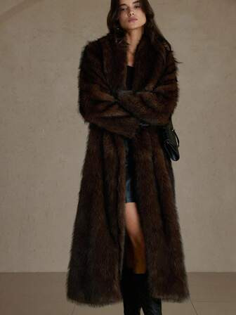 Anewsta Luxury Vintage Faux Fur Long Sleeve Straight Waist Belt Fitted Winter Outerwear Jacket | SHEIN