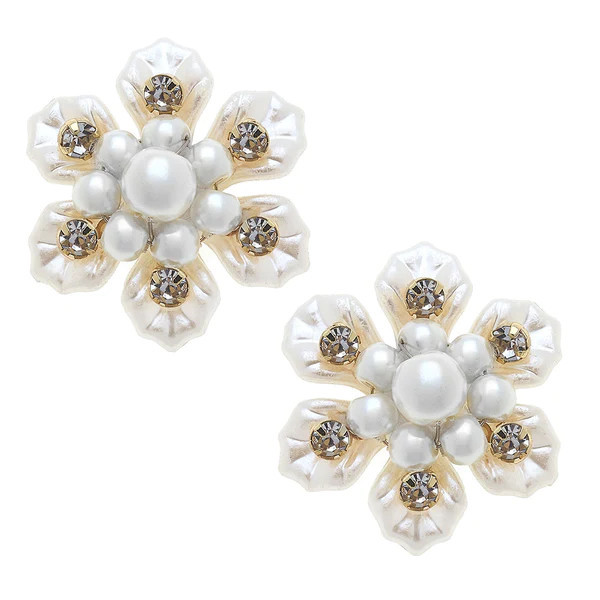 Eloise Pearl & Rhinestone Flower Stud Earrings in Ivory | CANVAS