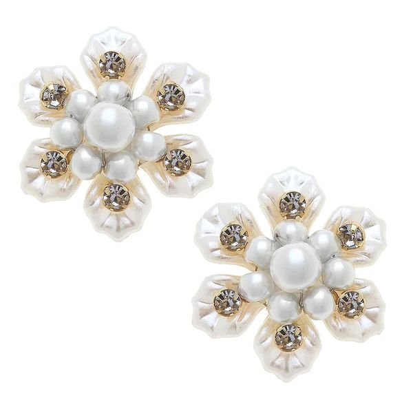 Eloise Pearl & Rhinestone Flower Stud Earrings in Ivory | CANVAS