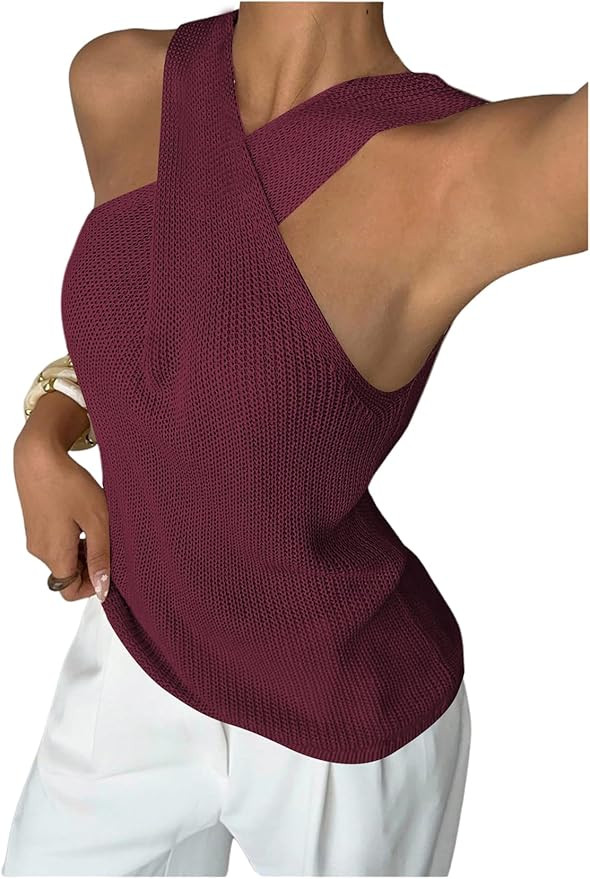 Verdusa Women's Old Money Halter Criss Cross Knit Top Sleeveless Sweater Vest Going Out Tops | Amazon (US)