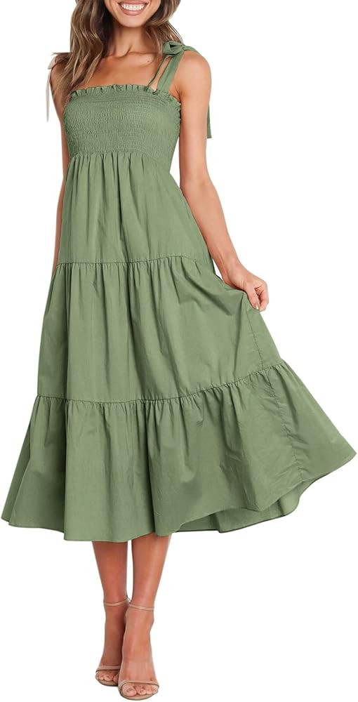 Inevnen Womens Summer Spaghetti Strap Square Neck Backless Smocking Flowy Ruffle Tiered Beach Boh... | Amazon (US)