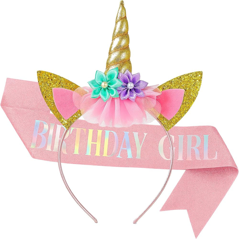 Unicorn Birthday Decorations, Unicorn Party Favors Pink Headband Sash | Amazon (US)