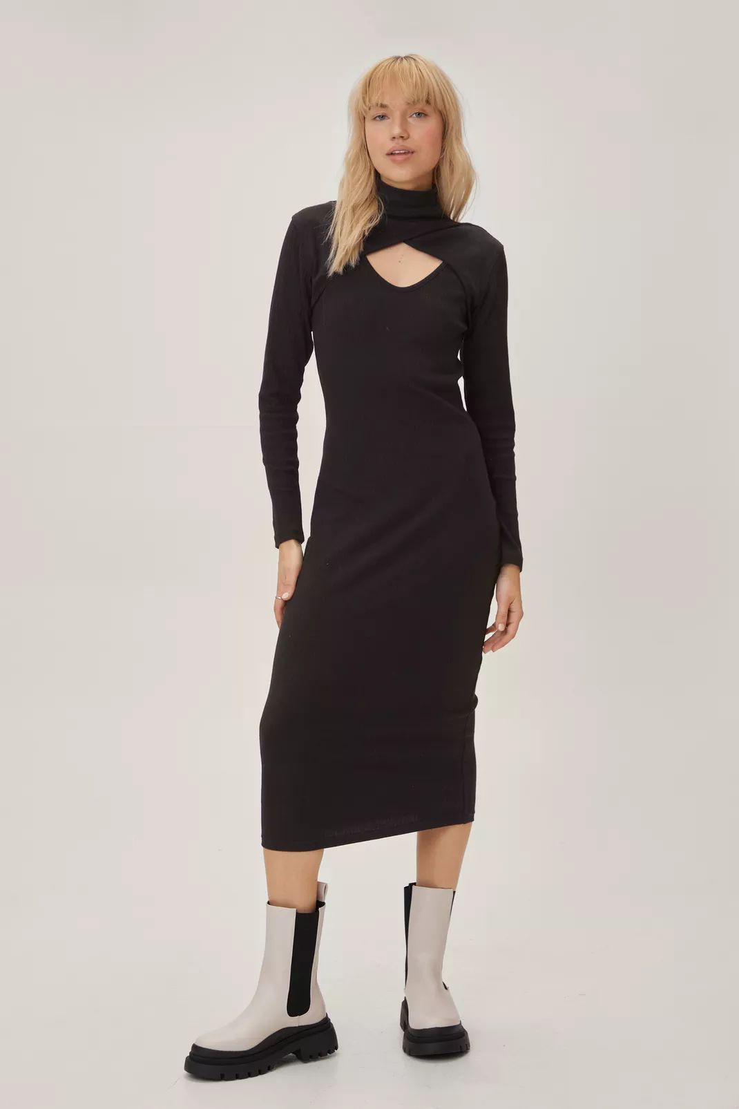 Ribbed Crossover Cut Out Neck Midi Dress | Nasty Gal (US)