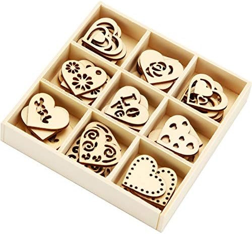 45 Pieces Wooden Ornaments Heart Wood Embellishments Crafts Set Hollow Design with Storage Tray, Min | Amazon (US)