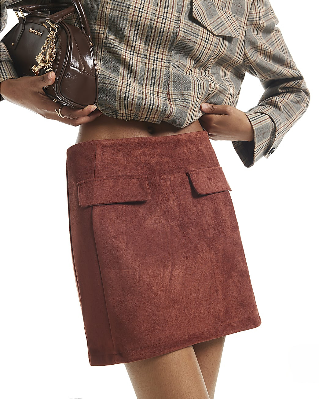 Brown Faux Suede Pocket Detail Mini Skirt | River Island UK & IE