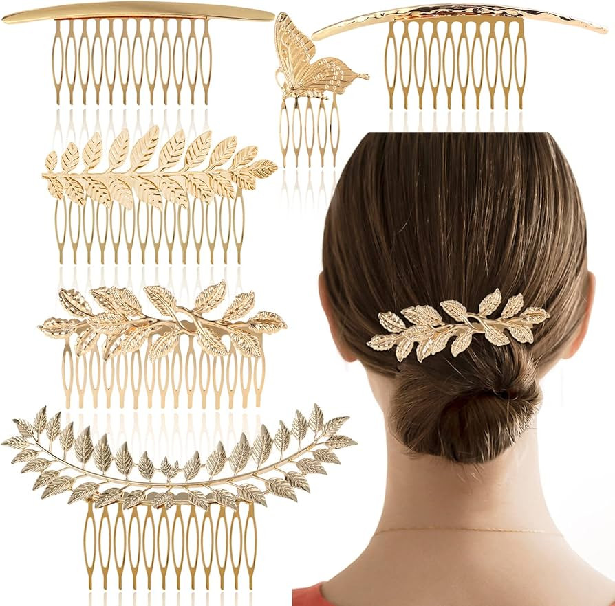6 Pack Vintage Hair Side Combs Metal for Women Girl, Bridal Leaf Decorative Clips Gold French Twi... | Amazon (US)