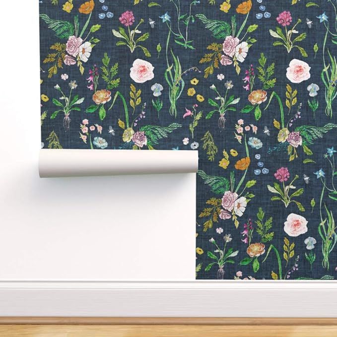 Peel-and-Stick Removable Wallpaper - Floral Summer Daisy Navy Blue Flowers Rose Vintage by Nouvea... | Amazon (US)