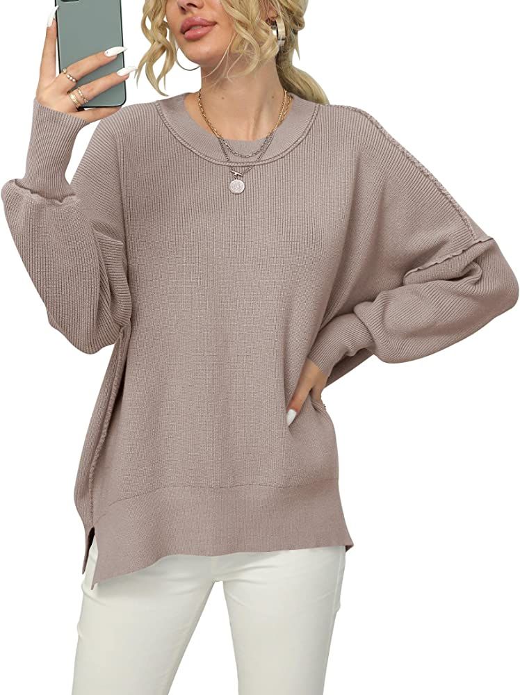 Prinbara Women Crewneck Batwing Sleeve Oversized Side Slit Ribbed Knit Pullover Sweater Top | Amazon (US)