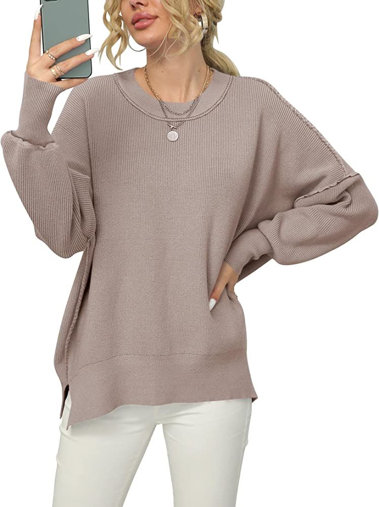 LOGENE Women's Oversized Batwing Long Sleeve Crewneck Side Slit Ribbed Knit Pullover Sweater Tops | Amazon (US)