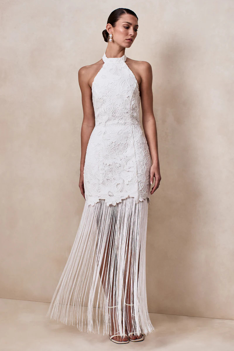 Skylar  White Lace Halter-Neck Maxi Dress With Open-Back And Bow Detail | Club L London