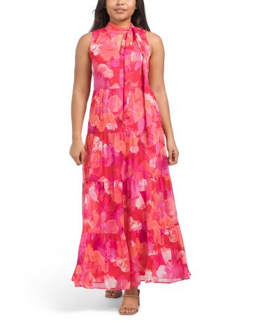 Tie Neck With V-cut Out Tiered Maxi Dress | TJ Maxx