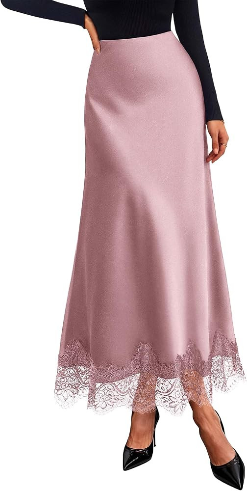 BTFBM Lace Trim Satin Skirts for Women Elegant | Amazon (US)
