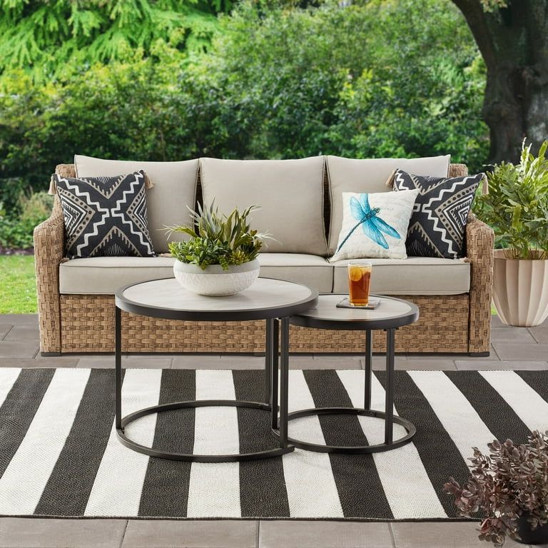 Better Homes & Gardens River Oaks Outdoor Sofa & 2 Nesting Tables with Patio Cover, Natural | Walmart (US)