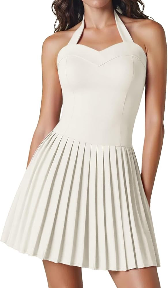 DRESSTELLS Homecoming Cocktail Dresses for Women, Mini Pleated Halter Short Wedding Guest Dress | Amazon (US)