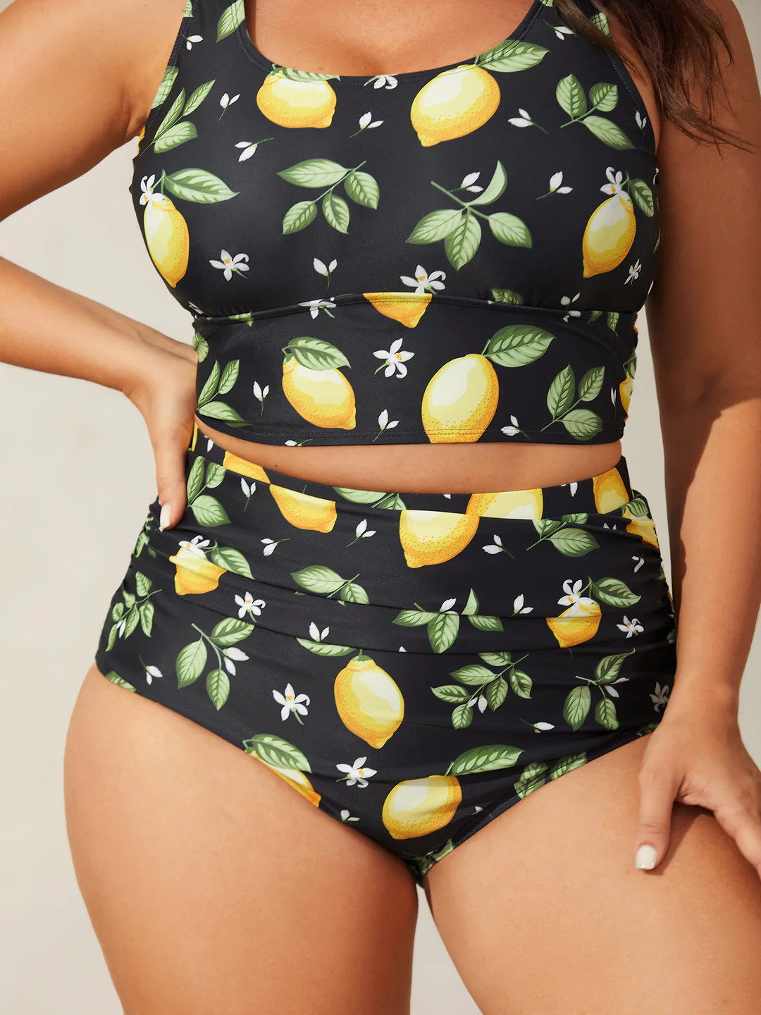 Lemon Print Pleated Tight-Fit Swim Bottoms | Bloomchic
