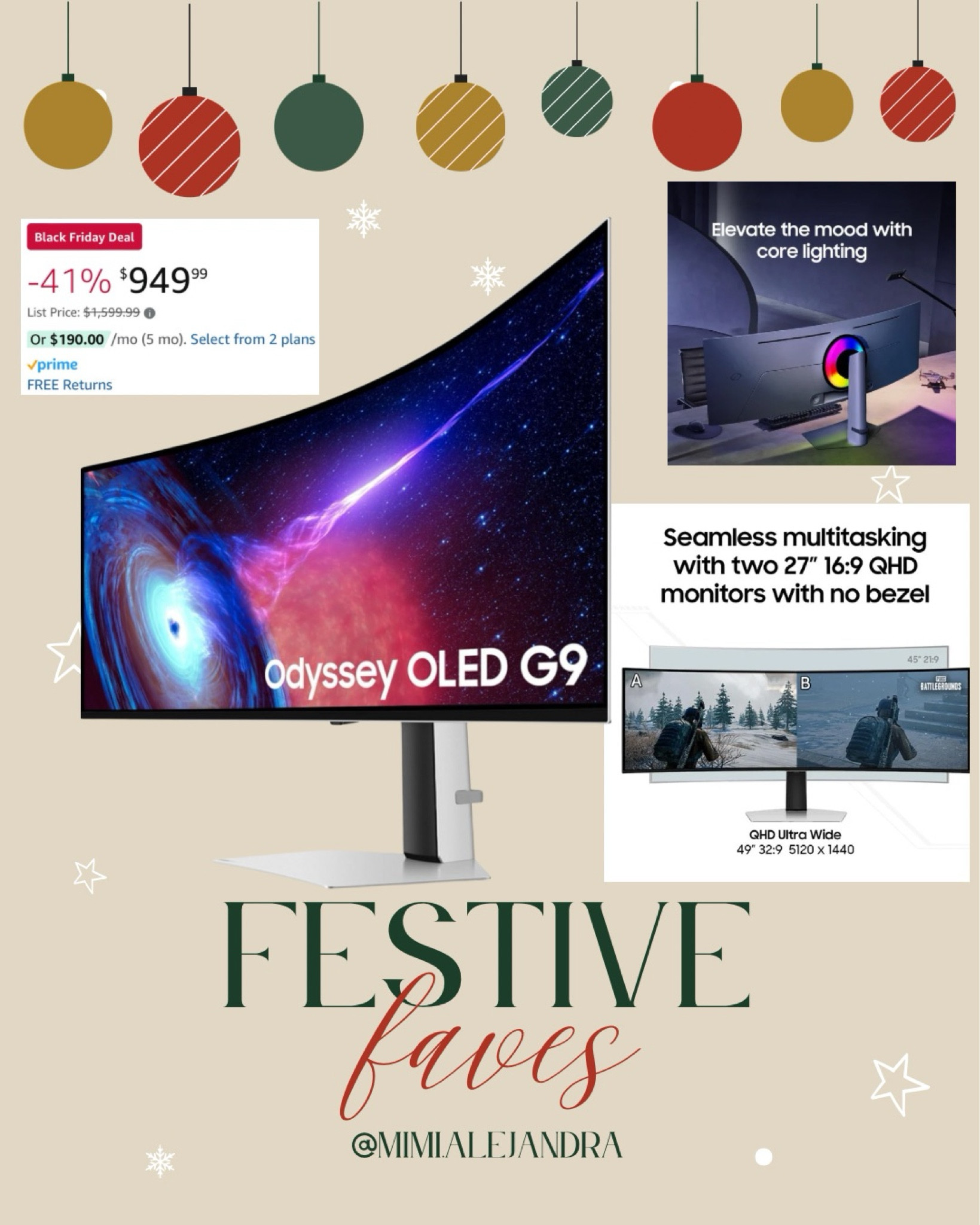 For your home office 
SAMSUNG 49" Odyssey G93SC Series OLED Curved Gaming Monitor, 240Hz, 0.03ms, Dual QHD, DisplayHDR True Black 400, FreeSync Premium Pro, Height Adjustable Stand, 3 Year Warranty, LS49CG932SNXZA, 2023

SUPER ULTRAWIDE VISTAS: Immense worlds envelop you through a super ultrawide display; A screen as wide as 2 quad HD monitors delivers max space to take in pin-sharp detail; It wraps around your field of vision with 1800R curvature
0.03MS(GTG) RESPONSE TIME & 240HZ REFRESH RATE: OLED technology delivers near instant reaction time with 0.03ms(GTG) response time; HDMI 2.1 and DisplayPort connections keep you ahead of the competition with the 240Hz refresh rate
DisplayHDR TRUE BLACK 400: Uncover every secret with infinite expression; See true black and dark colors on screen without pixel light bleed for supreme color and depth expression in every game

#LTKGiftGuide #LTKCyberWeek #LTKSaleAlert