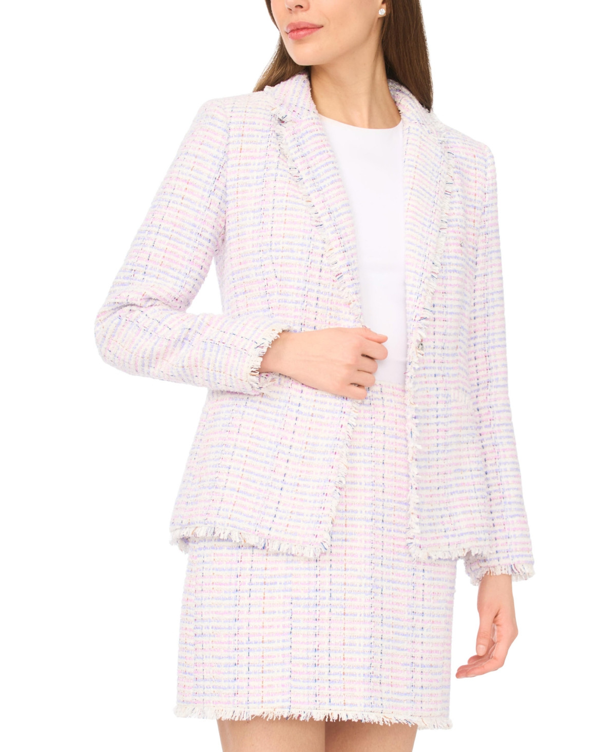CeCe Women's Frayed Edge Detail Collared Straight Blazer - New Ivory | Macy's