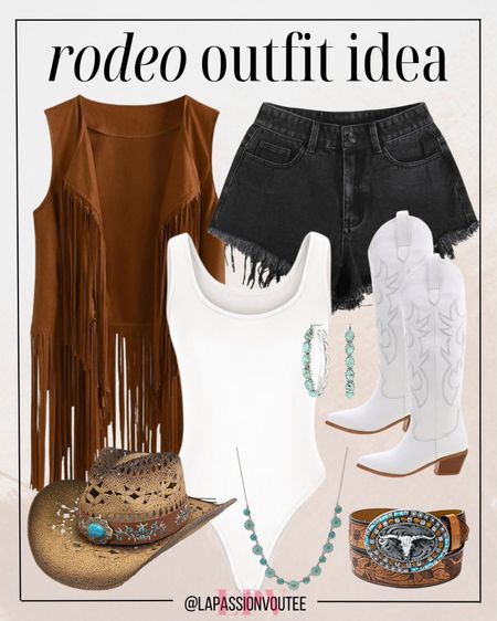 Channel your inner cowgirl with this edgy rodeo ensemble! Pair black denim jean shorts with a sleek white bodysuit for a chic contrast. Layer on a western fringe suede vest for a touch of boho flair, then accessorize with earrings, a necklace, cowgirl belt, hat, and knee-high boots for a look that's both fierce and fashionable.

#LTKfindsunder50 #LTKstyletip #LTKfindsunder100