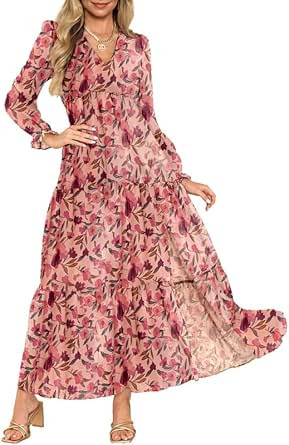 Dokotoo Women's Boho Maxi Dress Sexy V Neck Puff Long Sleeve Ruffle A-Line Split Swing Chiffon Dr... | Amazon (US)