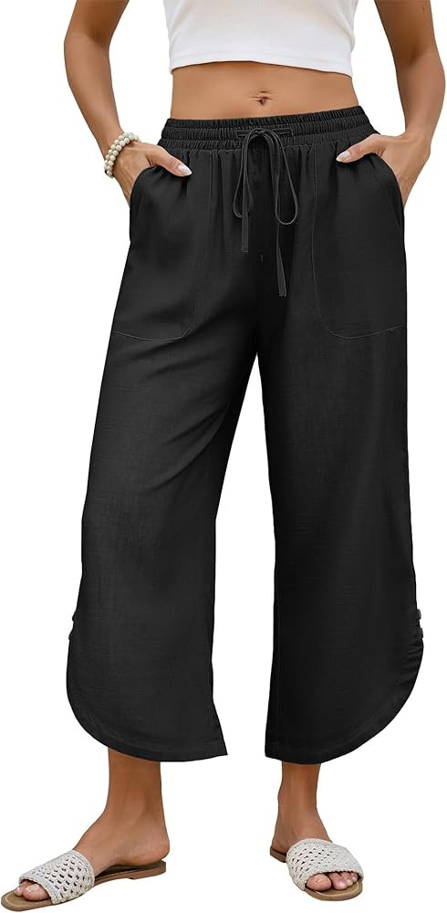 Bsubseach Womens Cotton Linen Pants Summer Capri Pants Comfy Cropped Lounge Pants with Drawstring | Amazon (US)