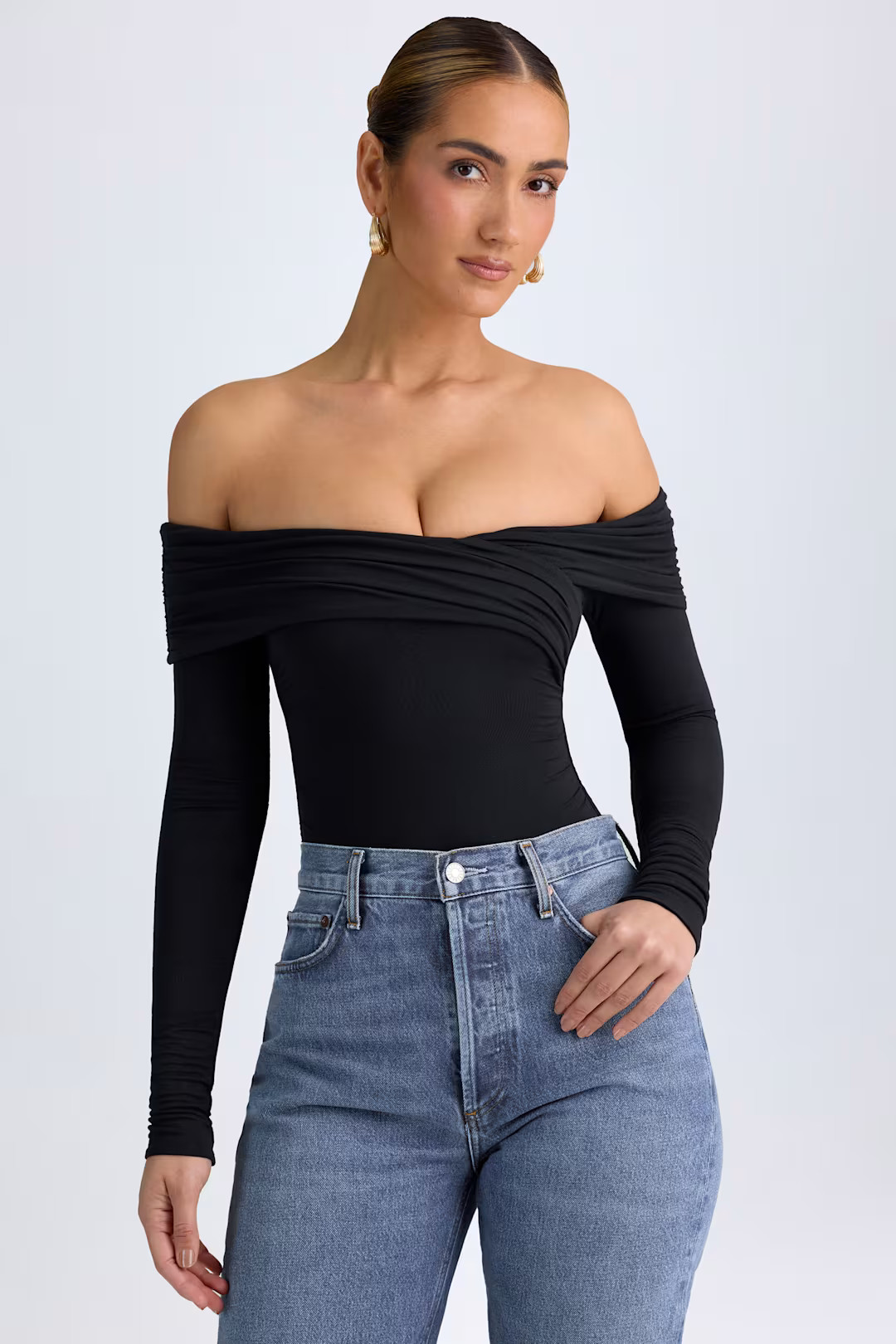Modal Off-Shoulder Ruched Bodysuit in Black | Oh Polly