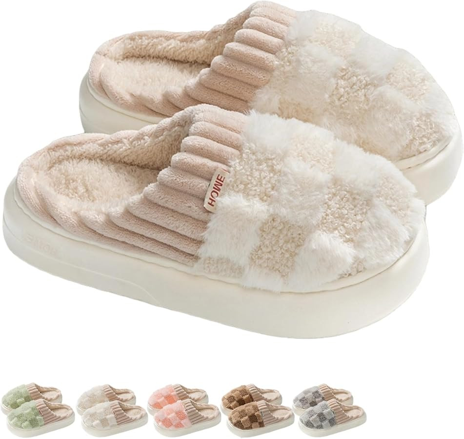 Checkered Slippers for Women Men Indoor Warm Cozy Winter Fuzzy Slippers Unisex Plush Plaid Home B... | Amazon (US)