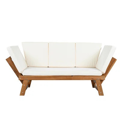 Outdoor Adjustable Patio Wooden Daybed Sofa Chaise Lounge with Cushions for Small Places, Natural Finish+Beige Cushion | Wayfair North America