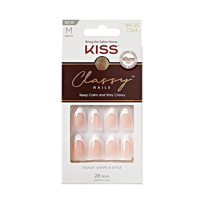 KISS Classy, Press On Nails, Nail glue included, 'Dashing', White, Medium Size, Almond Shape, Inc... | Amazon (US)
