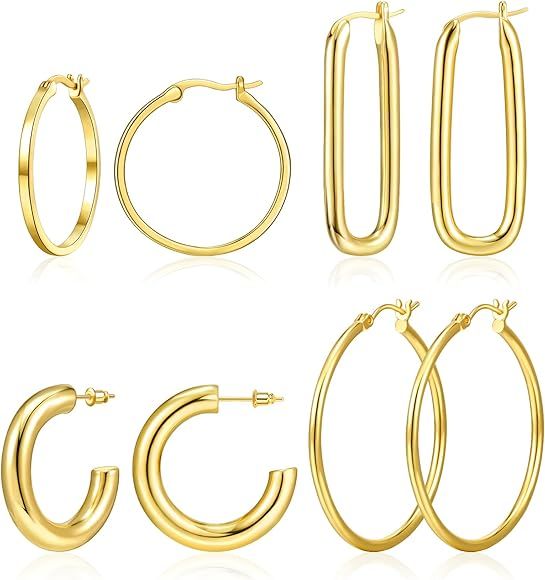 Adoyi Gold Hoop Earrings Set for Women, 14K Gold Plated Hoops Earrings Large Small Open Huggie Ho... | Amazon (US)