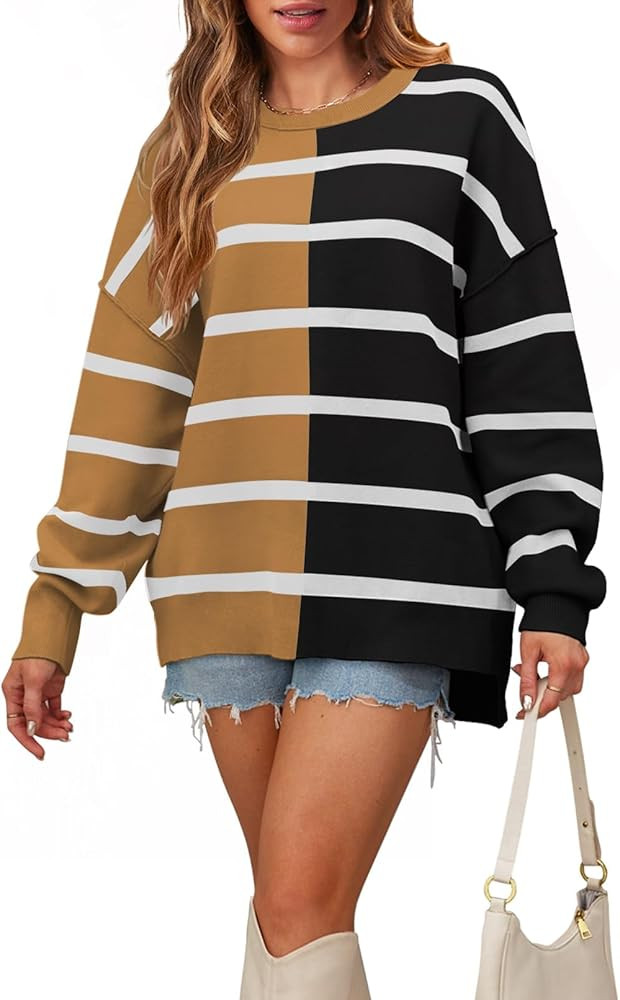 MEROKEETY Women's 2023 Striped Oversized Sweater Long Sleeve Color Block Casual Knit Pullover Top | Amazon (US)