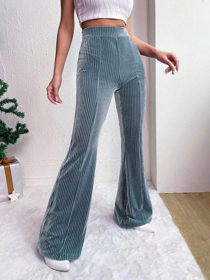 High Waist Corduroy Flared Pants Solid Color Casual Pants Women | SHEIN