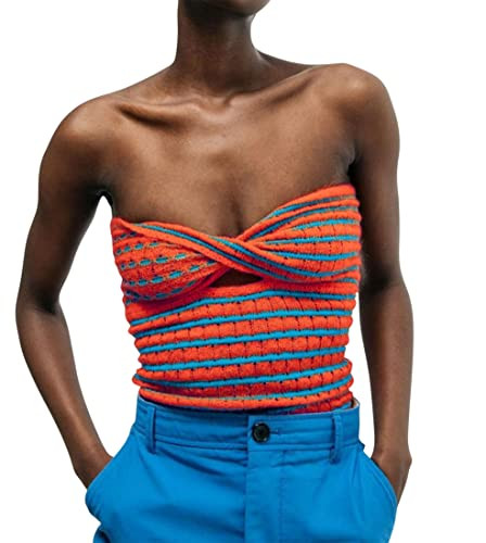 Meladyan Women Twist Front Striped Cutout Knitted Crop Tube Top Bandage Strapless Sleeveless Bandeau Cropped Shirt | Amazon (US)
