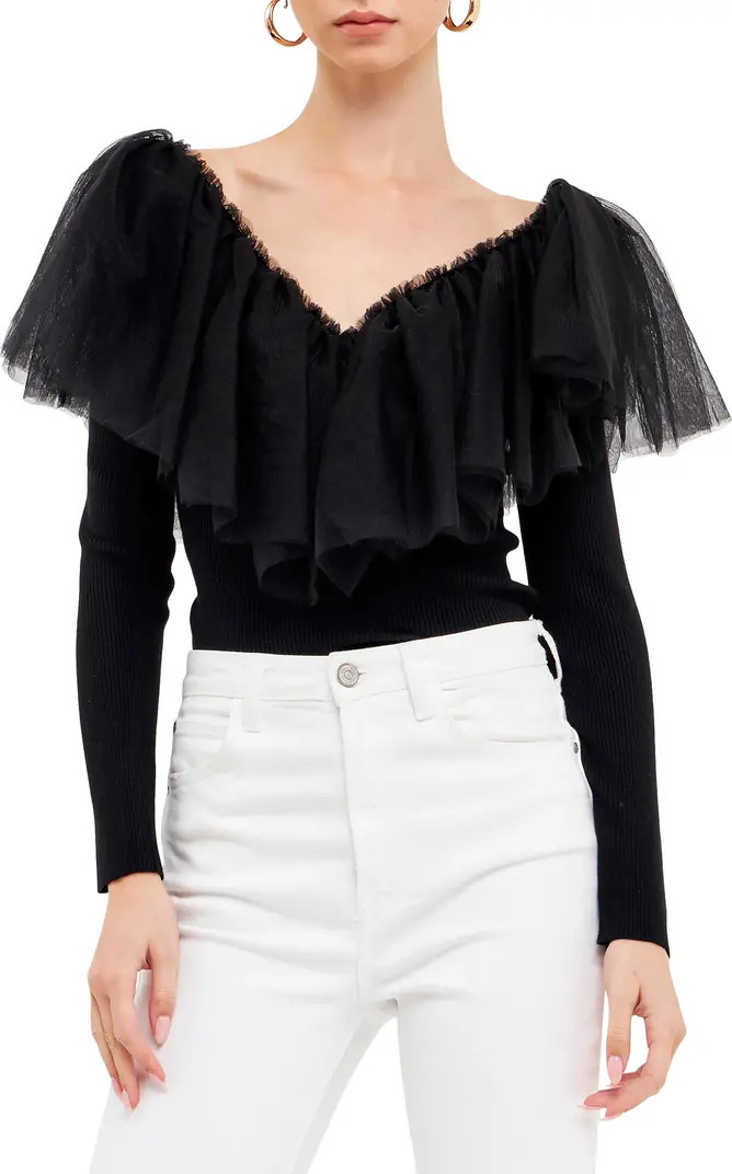 Endless Rose Ruffle Mesh Mixed Media Top | Nordstrom | Nordstrom
