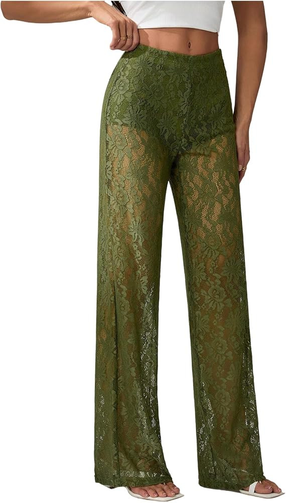 Women's Y2K Floral Lace See Through Pants Sheer Straight Leg Long Pants Club Wear | Amazon (US)