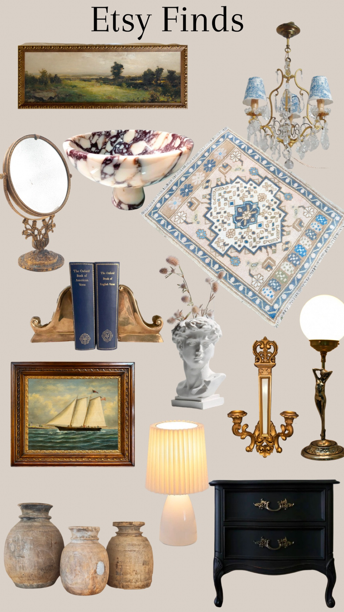 Antique & vintage one of a kind home decor finds from Etsy. Framed vintage painting wall art, vanity mirror, bust vase, small bathroom rug, brass bookends, candelabra sconce, nightstand, table lamp, pots, vases, chandelier 

#LTKstyletip #LTKhome #LTKFind