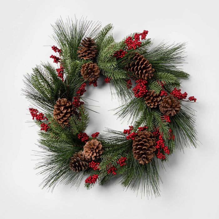 22" Artificial Pine Wreath with Pine Cones and Holly Berries Green/Red - Threshold™ | Target