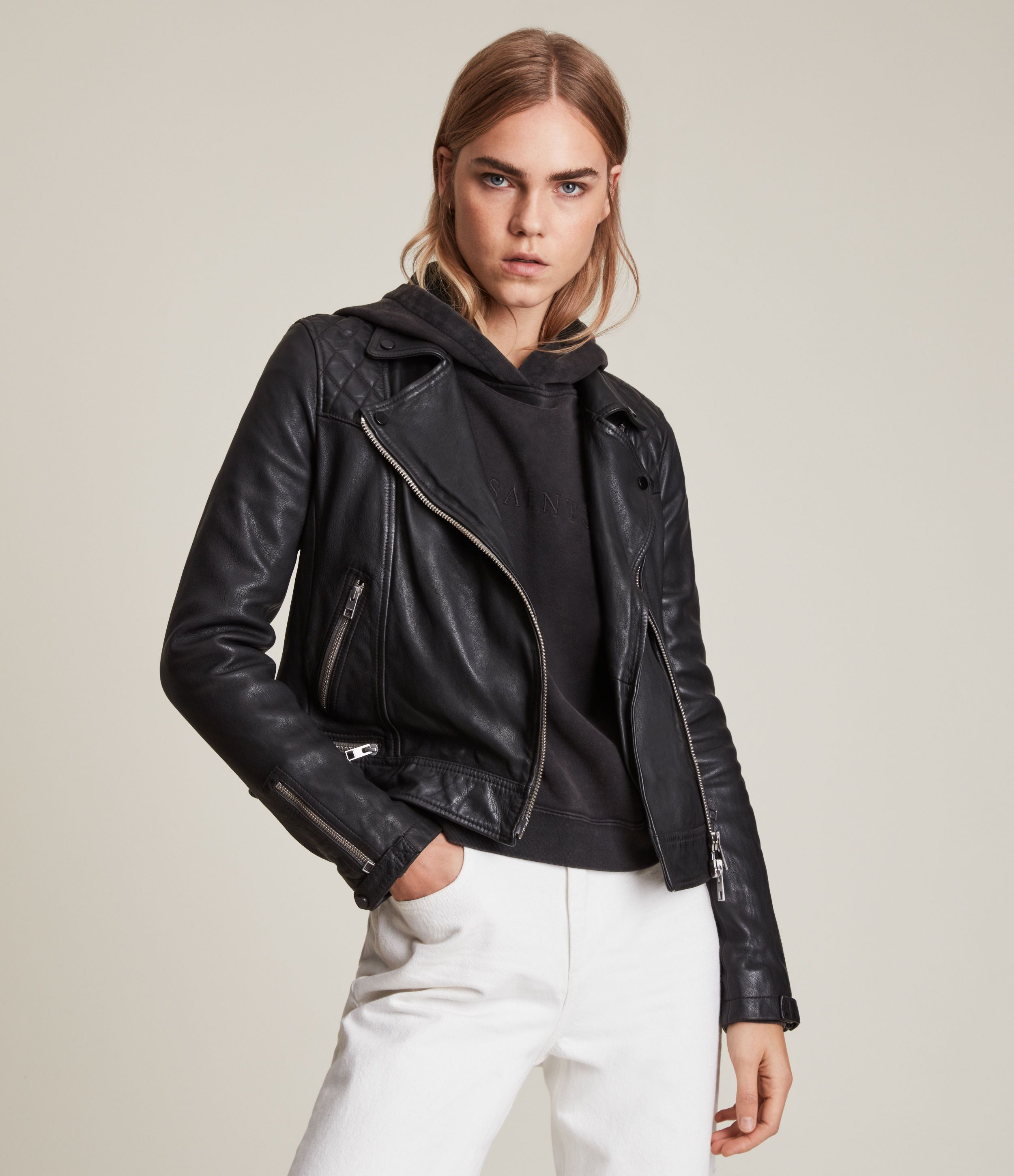 AllSaints Women's Traditional Conroy Leather Biker Jacket, Black | AllSaints US