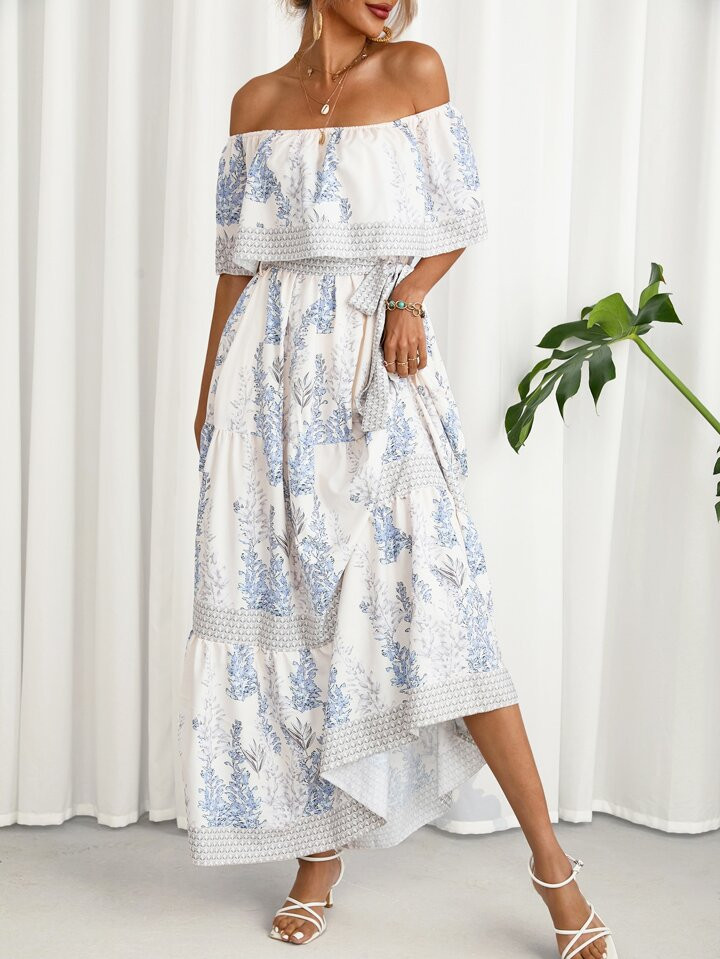 SHEIN VCAY Plants Print Off Shoulder Ruffle Hem Dress | SHEIN