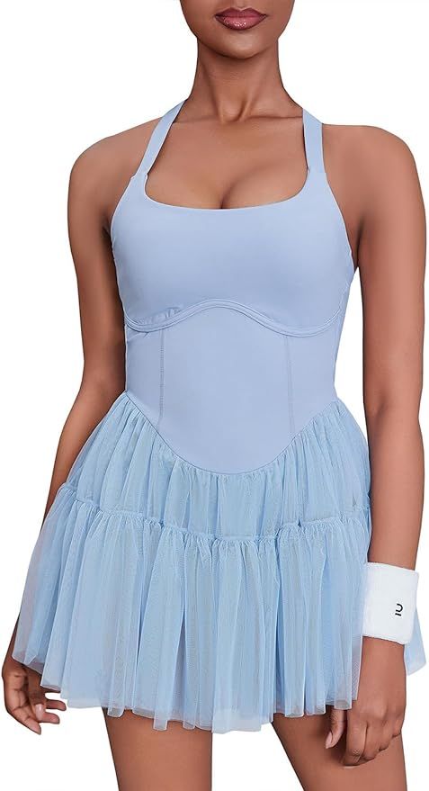 Fisoew Womens Tennis Dress with Built in Shorts & Bra Sleeveless Workout Golf Athletic Dresses | Amazon (US)