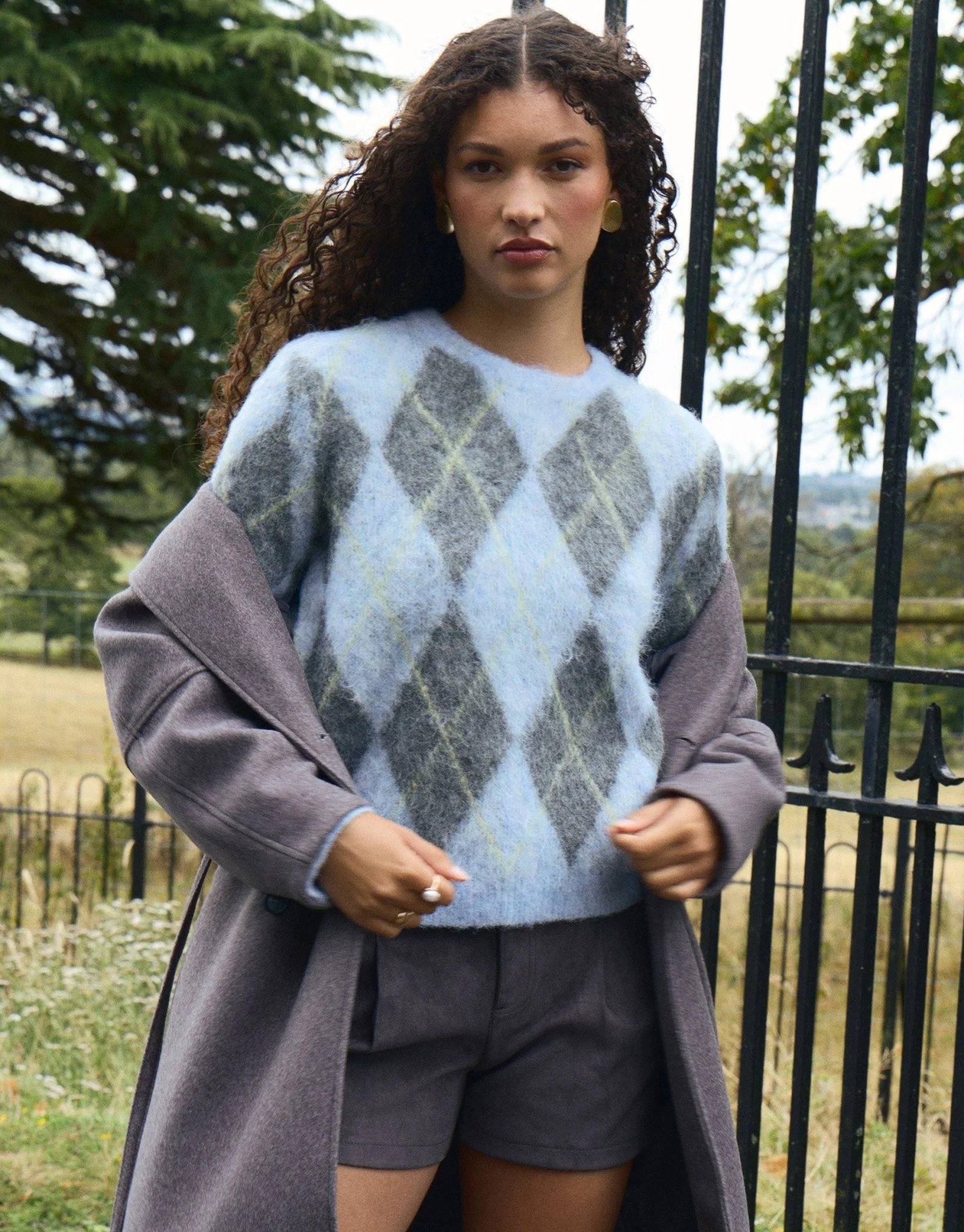 Argyle Crew Neck Jumper in Blue | Threadbare UK