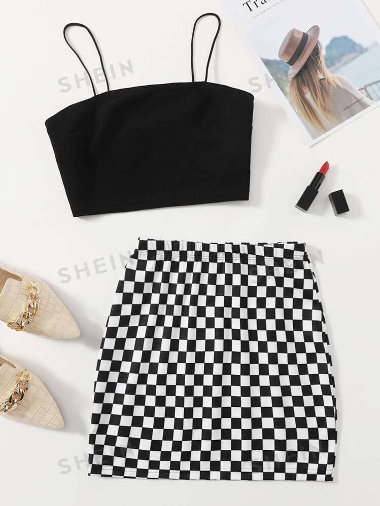 TrendsSHEIN Essnce Solid Crop Cami Top & Checked Print Skirt | SHEIN