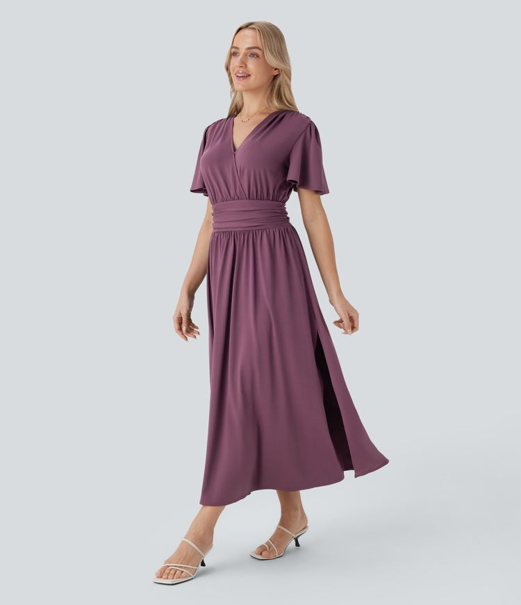 Women’s V Neck Short Sleeve Draped Split Flowy Midi Resort Dress - Halara | HALARA