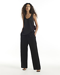 Black Tailored Drawstring Wide Leg Trousers | River Island UK & IE