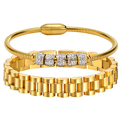 MPRAINBOW 2pcs 18K Gold Plated Chain Link Bracelet, Stainless Steel Crystal Friendship Bracelets ... | Amazon (US)
