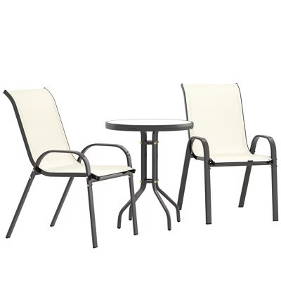 Outsunny 3 Pieces Outdoor Bistro Set, Patio Furniture with Stackable Chairs and Glass Table, High Back Small Patio Set for Balcony, Porch, Beige | Target