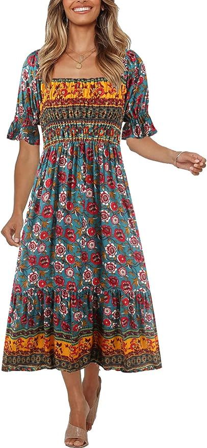 Women's Boho Vintage Puff Sleeves Midi Dress,Off Shoulder A-Line Flowy Long Dresses | Amazon (US)